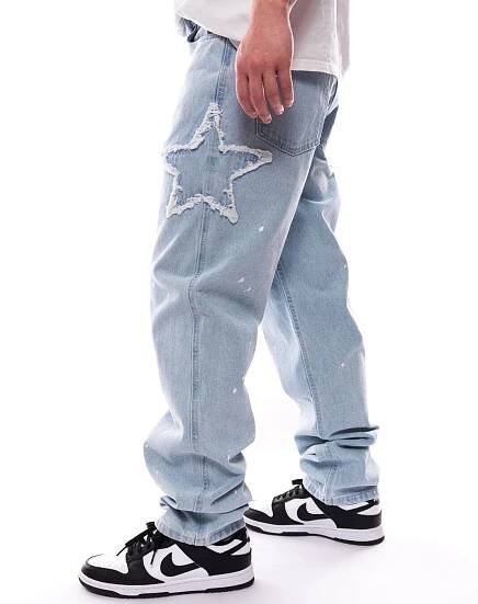 Džíny Karl Kani OG Baggy Five Pocket Paintsplatter Denim Bleached blue/white