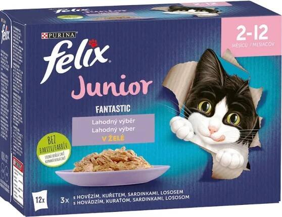 Felix Fantastic Junior kapsičky pro kočky výběr v želé, 12× 85 g | OnlineShop.cz