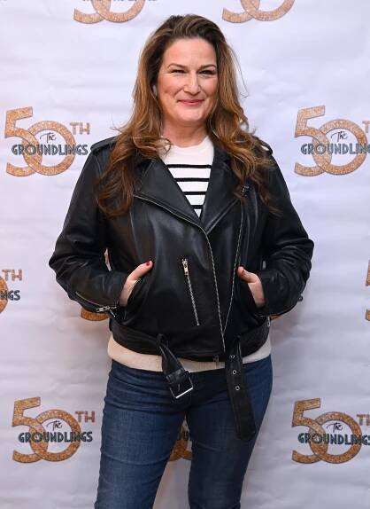 Ana Gasteyer wearing a leather jacket and jeans at the live panel series, "In Conversation"