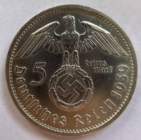Německo 3. Říše 5 Reichsmark 1939 D, Hindenburg, orlice, svastika - Numismatika