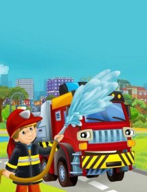 Kreslená scéna s hasičským vozidlem na silnici - ilustrace fo — Stock obrázek