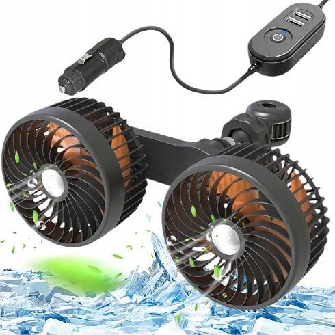 Ventilátor do auta dvouhlavý 12V 24V 3 Rychlost otáčení přes USB