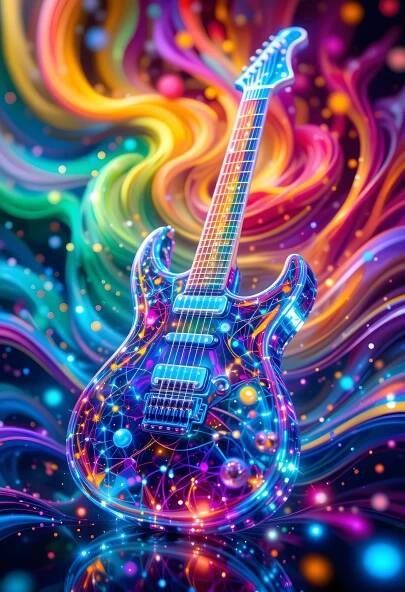 Bezplatný obrázek: Psychedelický pop rock design, barevná elektrická kytara s hudebními vlnami zobrazujícími všechny barvy zvuku