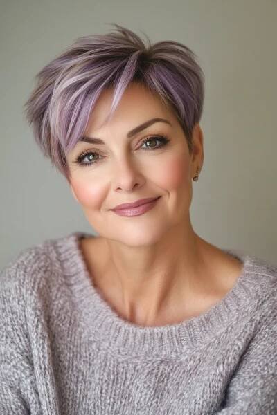 Short Purple Highlights Hair, Back Of Head Pixie Haircut, Short Grey Hair With Purple Highlights, Violet Short Hair, Short Violet Hair, Light Purple Short Hair, Purple Hair Color Ideas For Short Hair, Purple Pixie Haircut, Silver Lavender Hair Short