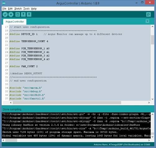 open hardware controller, Arduino IDE with the compiled sketch