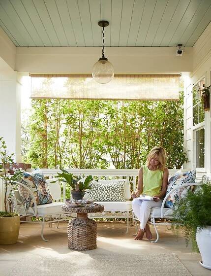 porch with patterned pillows