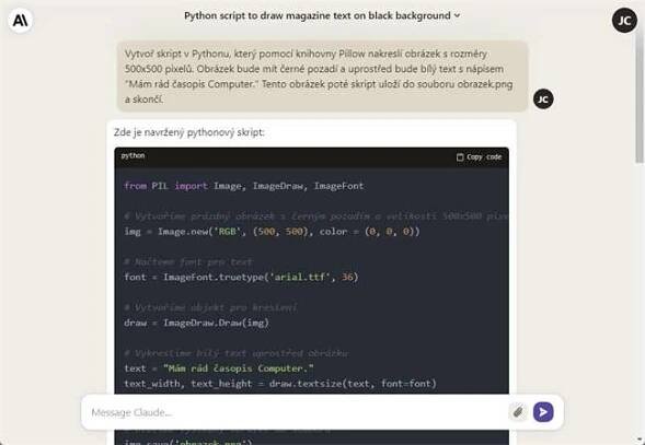 Chci pro chatbotovi, aby v Pythonu vytvořil jednoduchý obrázek s textem