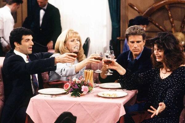 Mark Harelik as Reed, Shelley Long as Diane, Ted Danson as Sam, and Kirstie Alley as Rebecca