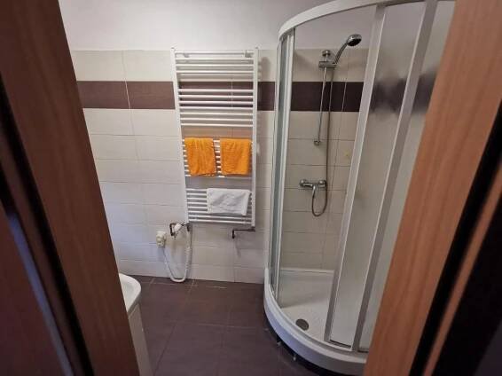 a bathroom with a shower with a glass door at Penzion Mia in Dolní Moravice