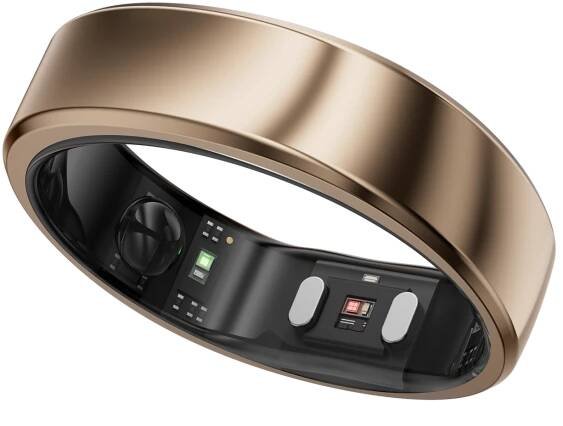 Gold smart ring. Tracks sleep, heart rate, and SpO2. Features health tracking sensors for sleep apnea and fitness.