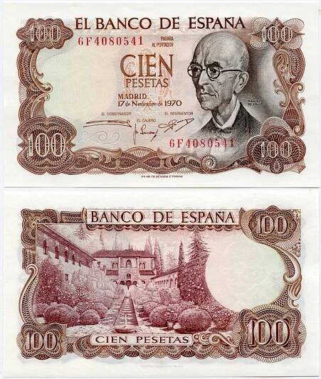 ŠPANĚLSKO 100 PESET 1970 11.17 P-152 UNC Manuel de Falla