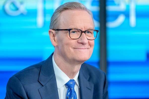 Host Steve Doocy as film producer Brian Grazer visits 'Fox & Friends' on Oct. 11, 2019, in New York City.