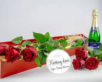Valentýn - krabice růží a sekt Květiny online - květinářství Praha Pankrác - netradiční kytice, dárky pro muže, dárkové