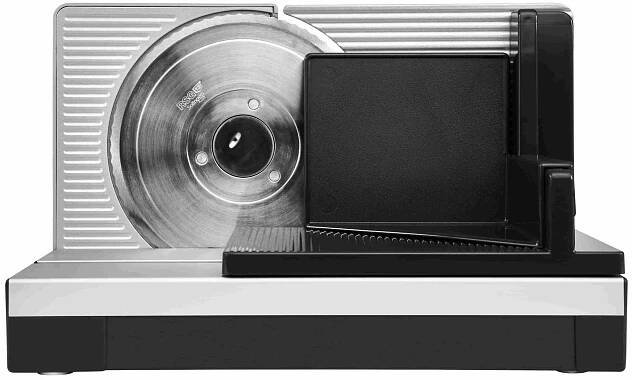 Electric food slicer in black and silver, rear side