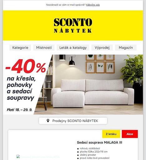 __Nový leták SCONTO: 40% sleva na sedací soupravy, pohovky a křesla a 20% sleva na svítidla.