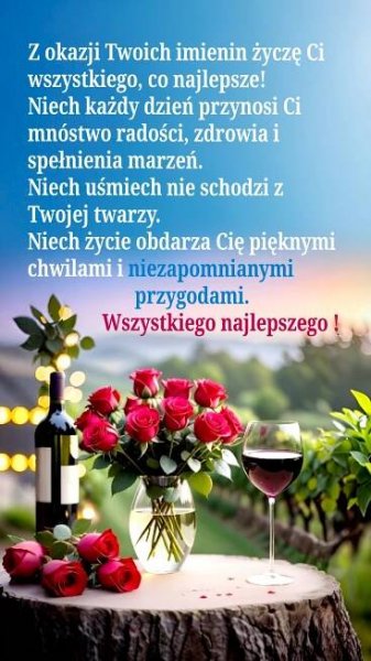 a bottle of wine sitting on top of a table next to a vase filled with roses