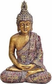 Nefertitis Buddha meditující thajská soška ve zlatofialovém hávu - výška cca 20 cm