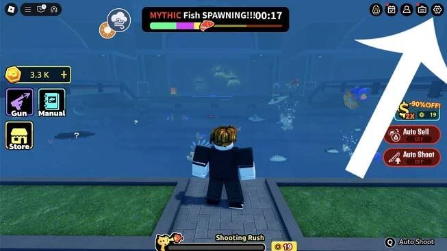 An arrow pointing at the button players need to press to access the codes menu in the Roblox game Loot Fish.