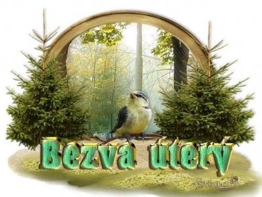 a bird sitting on top of the words bevya wey in front of some trees
