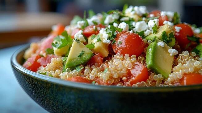 Quinoa bowl with tomatoes, avocados, and feta cheese.