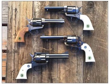 These revolvers include a (1) Colt SAA (1906), .452 (chamber throat) and .451 (barrel groove); (2) Ruger Vaquero Bisley, .451-plus and .451; (3) Ruger Old Model Blackhawk, .451-plus and .451 and (4) Colt SAA (1916), .456 and .451.