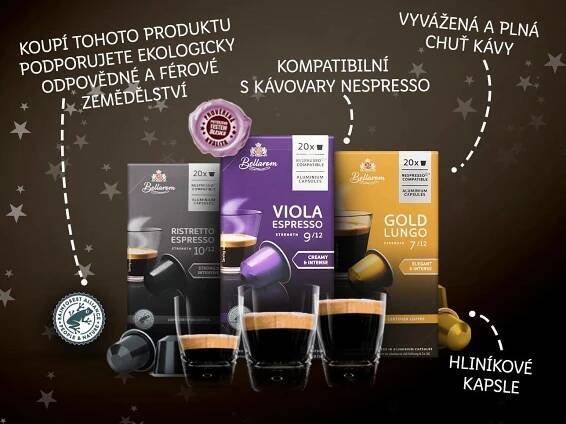 Káva Bellarom: Ristretto Espresso, Viola Espresso a Gold Lungo v hliníkových kapslích kompatibilních s Nespresso.