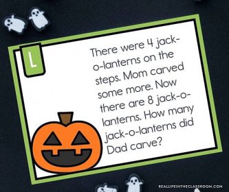 a task card from a free math center for first graders with a Halloween theme