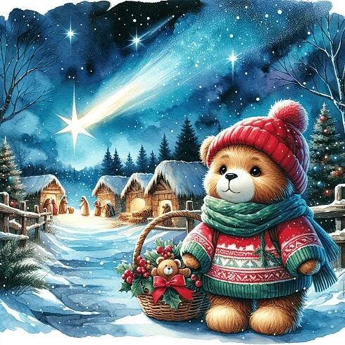 journey to the night villiage Bethlehem by the comet to Nativity scene smiling cosy cute baby Teddy Bear Wear red hat and green scarf in winter snowing wood on the path watercolor illustration – VytvořSiPotisk.cz