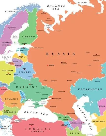 Východní Evropa a západní Asie, pestrá politická mapa s hlavními městy, hranicemi a největšími městy. S Černým mořem, Kaspickým mořem, Evropským Ruskem a malou částí Střední Asie. Ilustrace. — Ilustrace