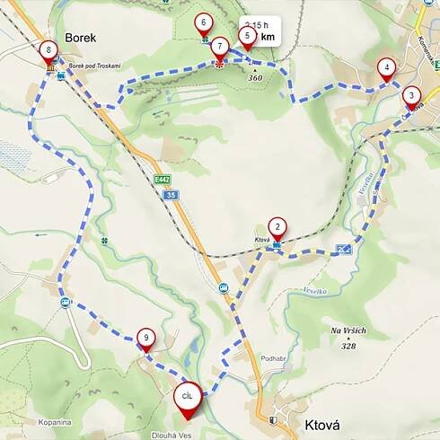 mapa výletu na Borecké skály
