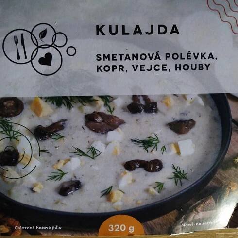 Kulajda smetanová polévka, kopr, vejce, houby