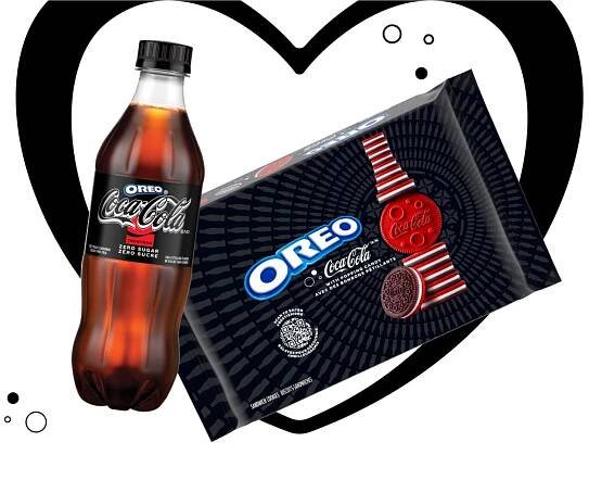 A bottle of Coca-Cola OREO Zero Sugar with a sleeve of OREOs with Coca-Cola popping candy circumscribed by a black heart