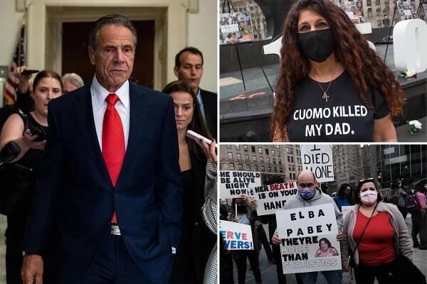 Andrew Cuomo surrounded by reporters; a woman wearing a shirt that read "CUOMO KILLED MY DAD"; protesters holding signs protesting the nursing home victims deaths.