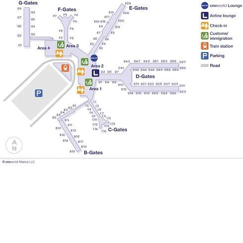 Map shows the oneworld Lounge at Amsterdam Schiphol Airport (AMS) is located in the Non-Schengen departure area between D and E Gates on the 3rd floor. 
