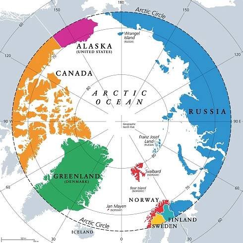 Země v polárním kruhu, politická mapa. Země asi 66 stupňů severně od rovníku a severního pólu. Aljaška (USA), Kanada, Finsko, Grónsko (Dánsko), Norsko, Švédsko a Rusko. — Ilustrace