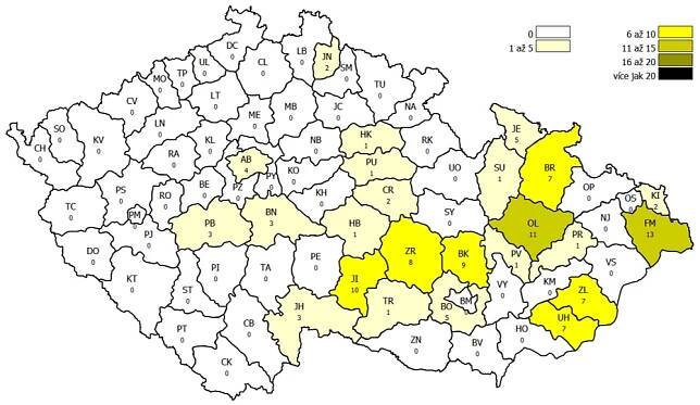 Mapa výskytu moru včelího plodu v jednotlivých okresech ČR