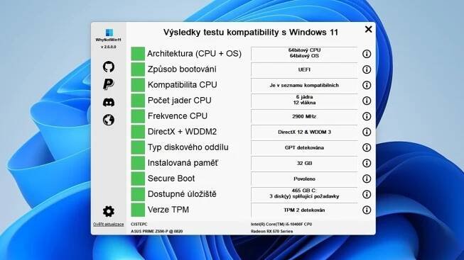 WhyNotWin11 - Test výkonu pc pro instalaci Windows 11