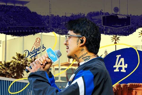 LOS ANGELES, CA - MAY 20, 2025: Cuco sings the Star Spangled Banner before the Dodgers game