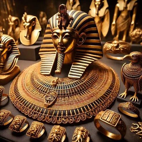Zlatá egyptská maska faraona, starověký egyptský šperk, unikátní klenoty z Egypta, dekorace z drahých kovů, historické artefakty, luxusní zlaté šperky, sběratelské předměty, egyptský styl, umělecké zpracování zlata, exkluzivní artefakty.