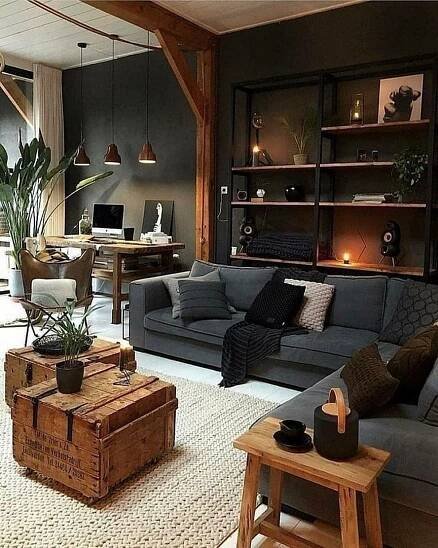 a living room filled with furniture and a wooden table in front of a large window
