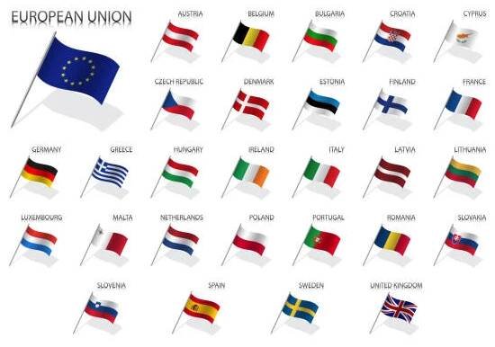 sada vlajek zemí evropské unie 2019, členské státy eu, hořící vlajky izolované na bílém pozadí se stíny - maltese flag stock ilustrace