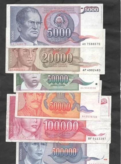 SADA BANKOVEK JUGOSLÁVIE - 6 kusů - sada 3 kusů