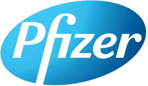 A blue pfizer logo on a white background