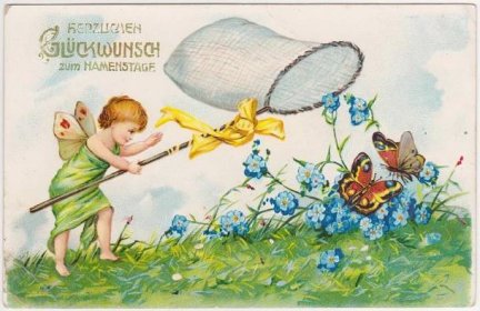 Sváteční, kytky, dítě a motýl 1907