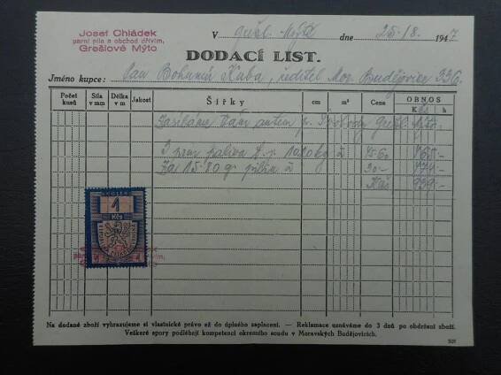 ÚČET č.400 - GREŠLOVÉ MÝTO,PARNÍ PILA,1947 - Starožitnosti a umění