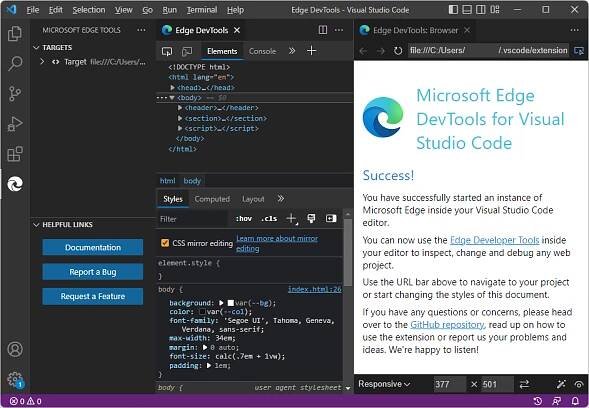 The default result of Launch Instance: the 'Edge DevTools' tabs