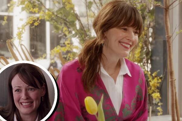 Rosemarie Dewitt as Kathy in 'And Just Like That' with a circular insert flashing back to when she was Fern on 'Sex and the City'