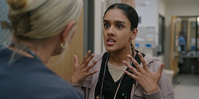 Dr. Victoria Javadi (Shabana Azeez) looking scared and worried in The Pitt Season 1 Ep 9