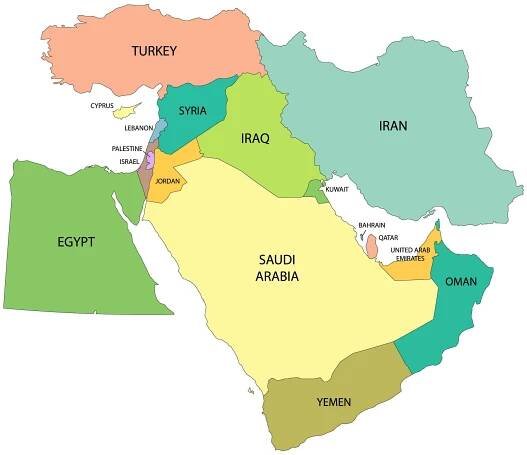 A color-coded map displays the Middle East, including countries like Turkey, Syria, Iraq, Iran, Saudi Arabia, Yemen, Oman, and Egypt.