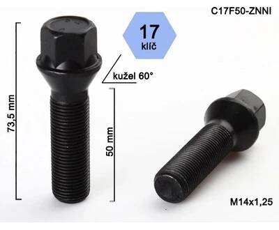 Kolový šroub M14x1,25x50, kuželový, klíč 17, C17F50-ZNNI, černé, výška 73,5 od 50 Kč - Heureka.cz